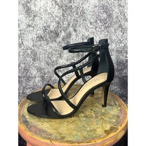 Vince Camuto Heels Women 8M Careleen Black Leather Ankle Strappy Peep Toe 3.5"